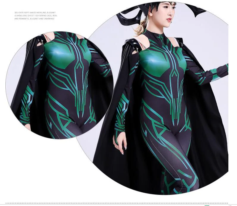 Thor Ragnarok Hela; карнавальный костюм; вечерние костюмы супергероя на Хэллоуин; Zentai; комбинезон для взрослых с накидкой и головным убором