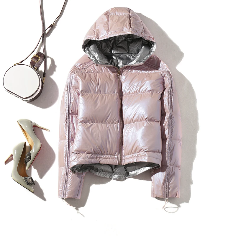 Koop FTLZZ Vrouwen Dubbelzijdige Zilveren Down Parka Jassen Winter Lady Hooded White Duck Down Jas Waterdicht Sneeuw Bovenkleding
