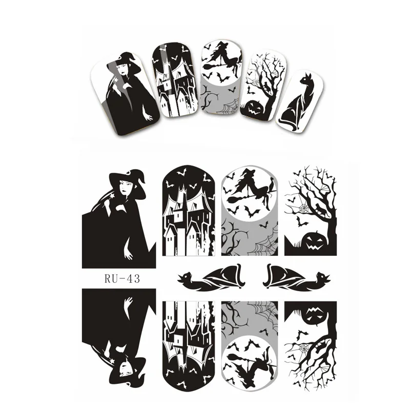 

1X Nail Sticker HALLOWEEN WITCH BLACK CAT BIRD PEONY BUTTERFLY CHURCH CHAPEL RU043-048