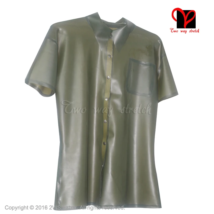 Militay Latex uniform button turn down collar pocket Tee shirt Rubber Top Gummi blouse clothing clothes Transparent green SY-025 5