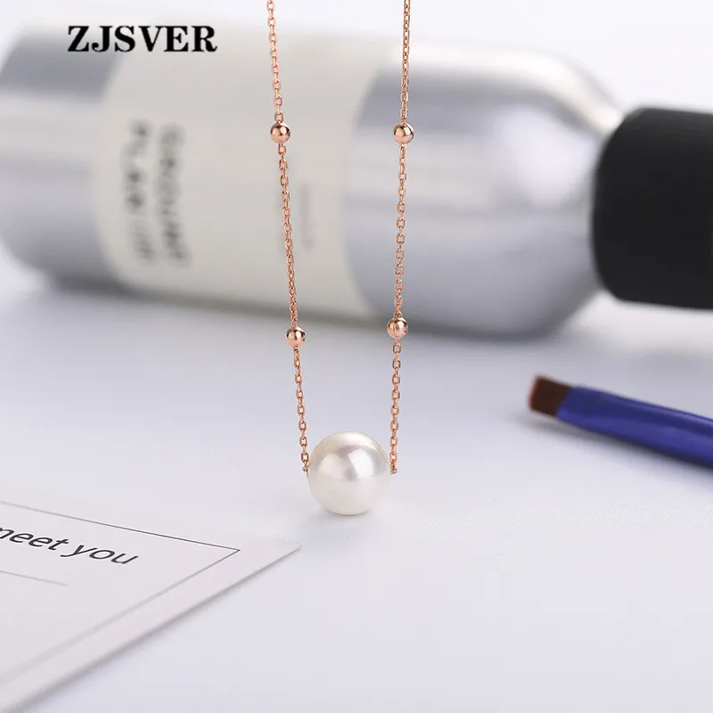 

ZJSVER Fine Jewelry 925 Sterling Silver Necklace Simple Pearl Pendant Fashion Rose Gold Chain Women Necklace For Present