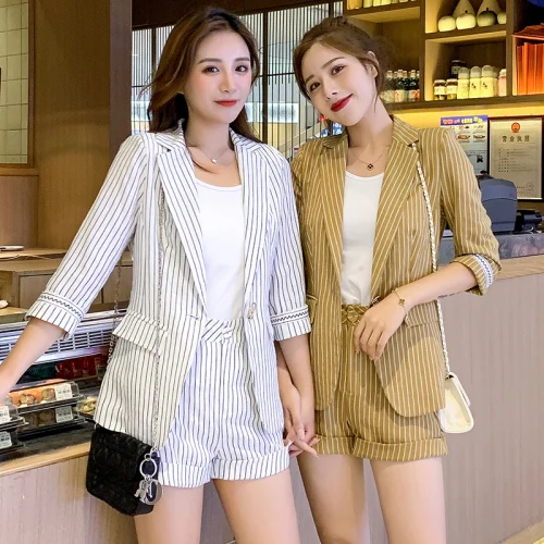 

Blazer Two Piece Shorts Set 2019 Korean Office Yellow Stripe Women Outfits Fashion Clothes 2 Pc Woman Set Two Piece Clothes
