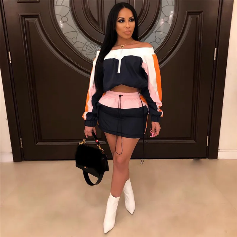 

Sexy 2 Piece Skirt Set Women Off The Shoulder Casual Two Piece Crop Top and Skirt Set 2019 Ladies Summer Tracksuits Women Sets