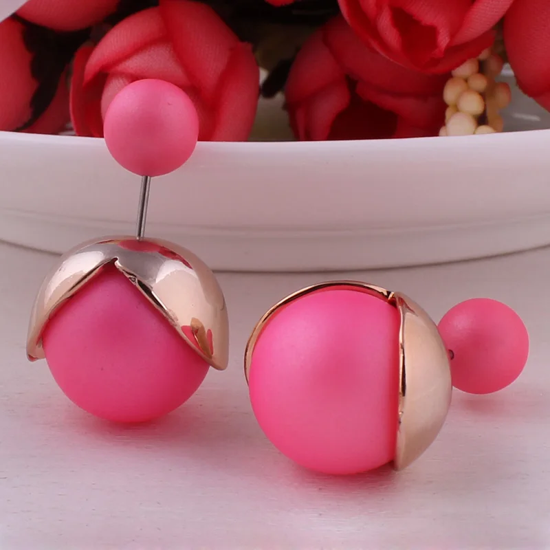 9 цветов Новое поступление серьги из двух шариков романтичные золотого цвета Торус двухсторонние жемчужные серьги для женщин Необычные ювелирные изделия - Окраска металла: Pink Red