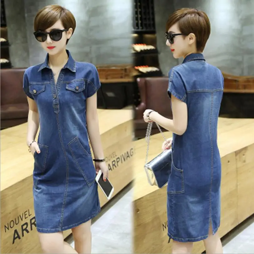 Summer Denim Dress Vestidos Women Slim Casual Vintage Short Sleeve Jeans Denim Dress 2018 New Fashion Dresses Plus size AH104