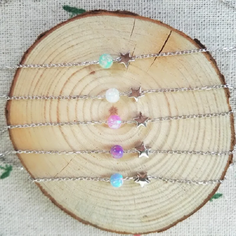 

(1pc/lot)Free Shipping White/blue/purple synthetic 4mm Opal Beads with 5mm 925 silver star Pendant Necklace For Girlfriend Gift