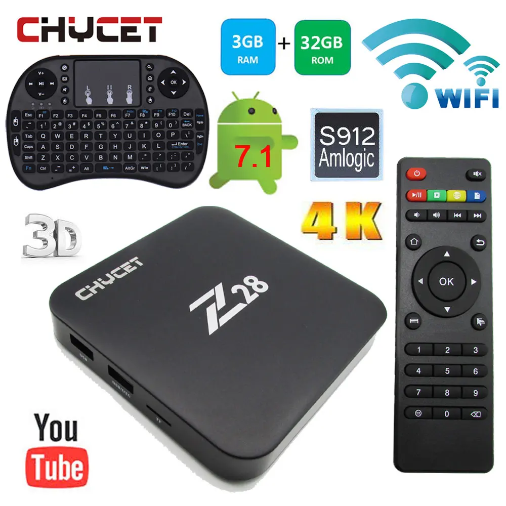 

Z28 Smart TV Box RAM 3G ROM 32G Amlogic S912 Quad Core Cortex 2.4/5.8G WiFi Android 7.1 4K Media Player 1000M Set top box
