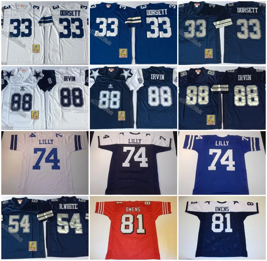 

Men's 33 DORSETT 54 R.WHITE 88 IRVIN 74 LILLY 81 OWENS Throwback Football Jerseys Stitched Name and Number 48-60 Top Quality