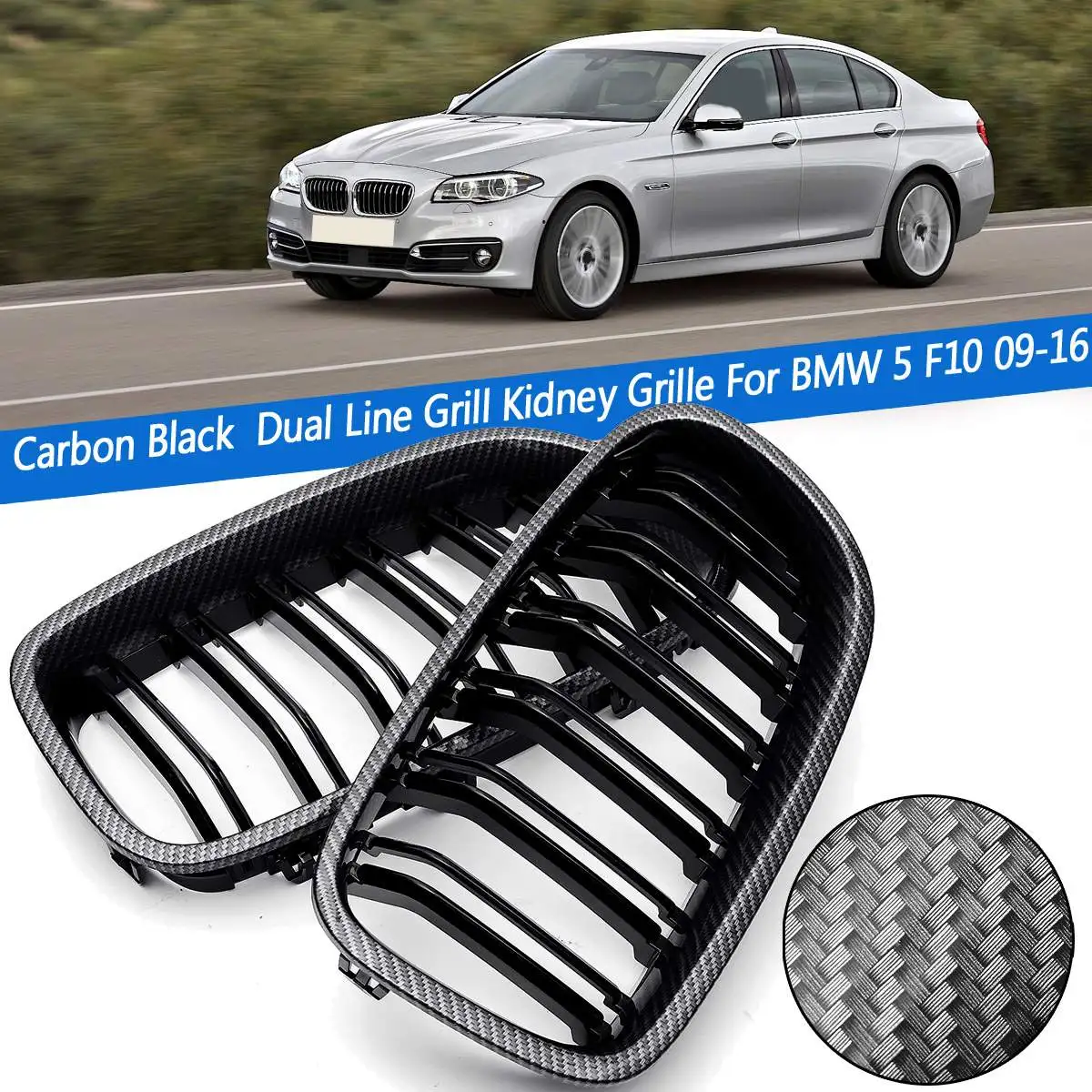 cheap 2PCS Carbon Gloss Black Dual Slat M5 Style Front Kidney Grille Grill For BMW 5 Series F10 520i 523i 525i 530i 535i 2009 2016