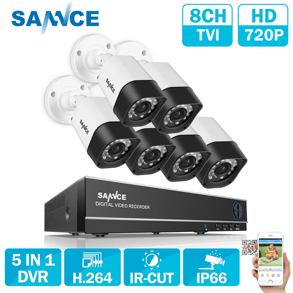 

SANNCE 8CH 5in1 1080N AHD TVI CVI Analog IPC DVR 6pcs TVI 720P Camera IR CUT Security Night Vison System HDMI/VGA Output