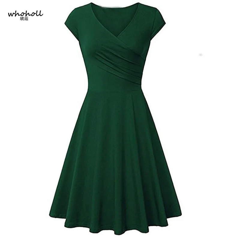 

Whoholl Women Sexy V-Neck Solid Dress 16 Colors Elastic Waist Three Quarter Sleeve Pleated Buttons Casual Middle Vestidos S-3XL