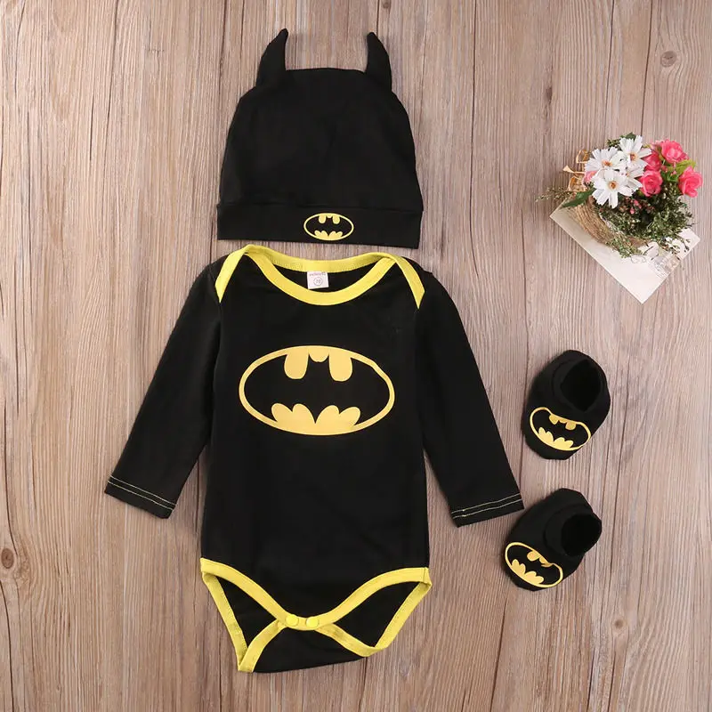 Модная одежда для новорожденных мальчиков хлопковый комбинезон с Бэтменом+ обувь+ шапочка, комплект одежды из 3 предметов, комплект одежды