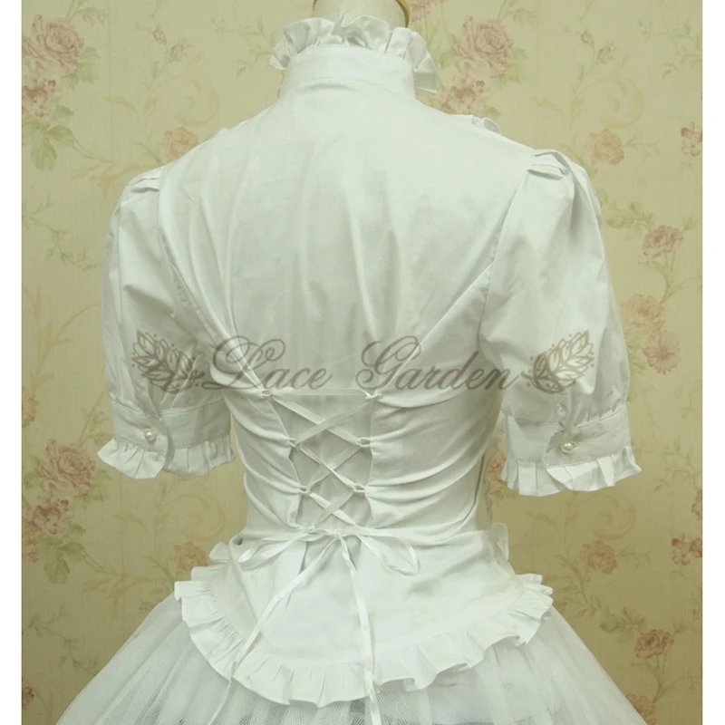 Summer women white short Tops Vintage Victorian Ruffled Bandage shirts Ladies gothic blouse lolita costume 5