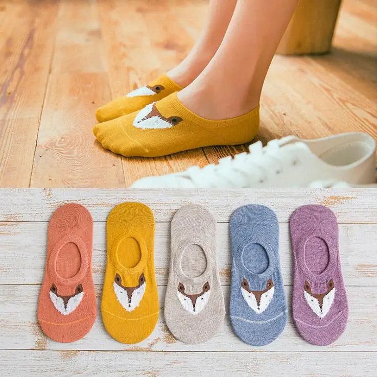 

5Pairs/Lot New Female Cartoon Socks Fox Pattern Funny Kawaii Short Boat Socks Spring Summer Socks Invisible Non Slip Socks