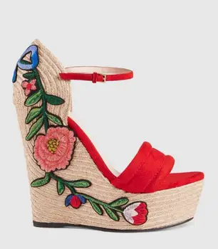 

Newest Red Suede Open Toe Wedge Sandal for Woman Sexy Rope Braided Platform Ankle Strap Summer Shoes Flower Embroidery Sandal