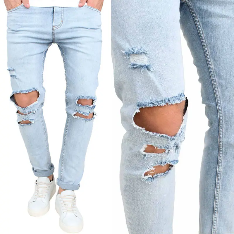 Модные рваные мужские брюки тонкие брюки Узкие прямые эластичные джинсовые брюки мужские джинсы 318