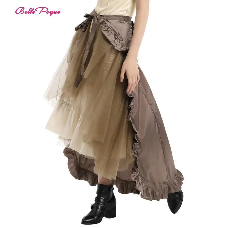 

Belle Poque Vintage Women Skirt Steampunk Retro Victorian 1950s 1960s Lolita Punk Ruffle Long High-Low Lace-up Open party Skirt