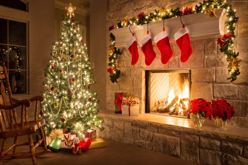 

Laeacco Photo Backdrops Christmas Tree Light Bulb Fireplace Sock Flower Chair Children Photo Backgrounds Photocall Photo Studio