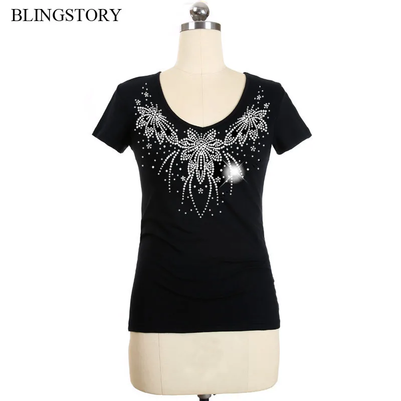 

BLINGSTORY Plus Size Women Clothing Camisetas Feminina Bead Diamonds T-shirt V-neck Woman Tshirt Top cotton haut femme 5xl 6xl