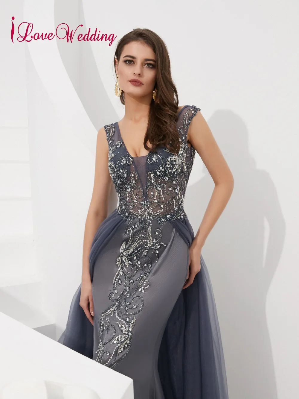 ILoveWedding халат De Soiree сексуальное с v образным вырезом и отделкой бисером