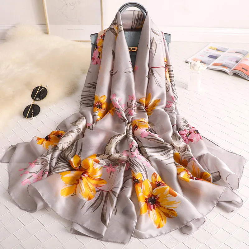 

2019 Women 100% Natural Silk Scarf Luxury Brand Vintage Floral Pashmina Scarves Shawl Femme Long Bandana Bufanda Foulards Hijab