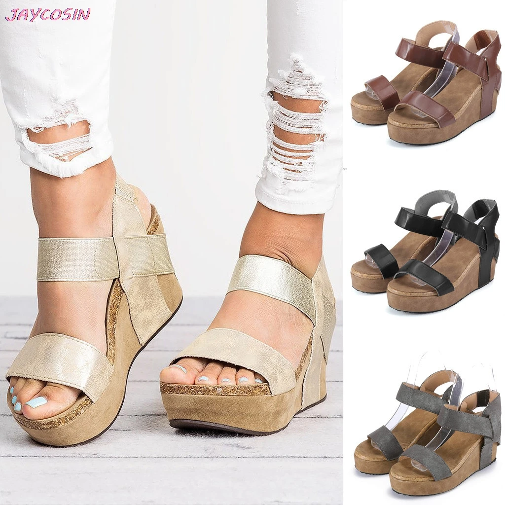 

2019 Women Open Toe Breathable Beach PU Sandals Rome Elastic Band Casual Wedges Shoes Big Size Round Toe 35- 43 Drop #25