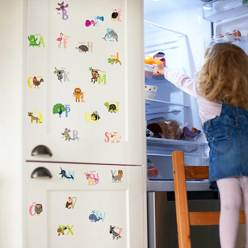 A-Z Alphabet Cartoon Animals Wall Sticker Helpful 26 English Letters Learning Wall Refrigerator Cute Decorative Wall Stickers