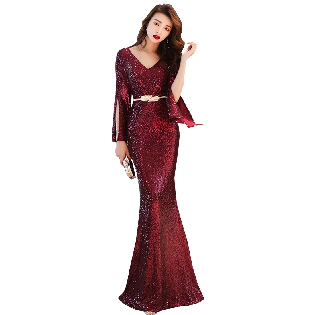 

Gothic Sequin Deep V Neck Evening Party Dress Split Long Sleeve Women Long Sexy Dress Gold Silver Banquet Robe Longue Femme Ete