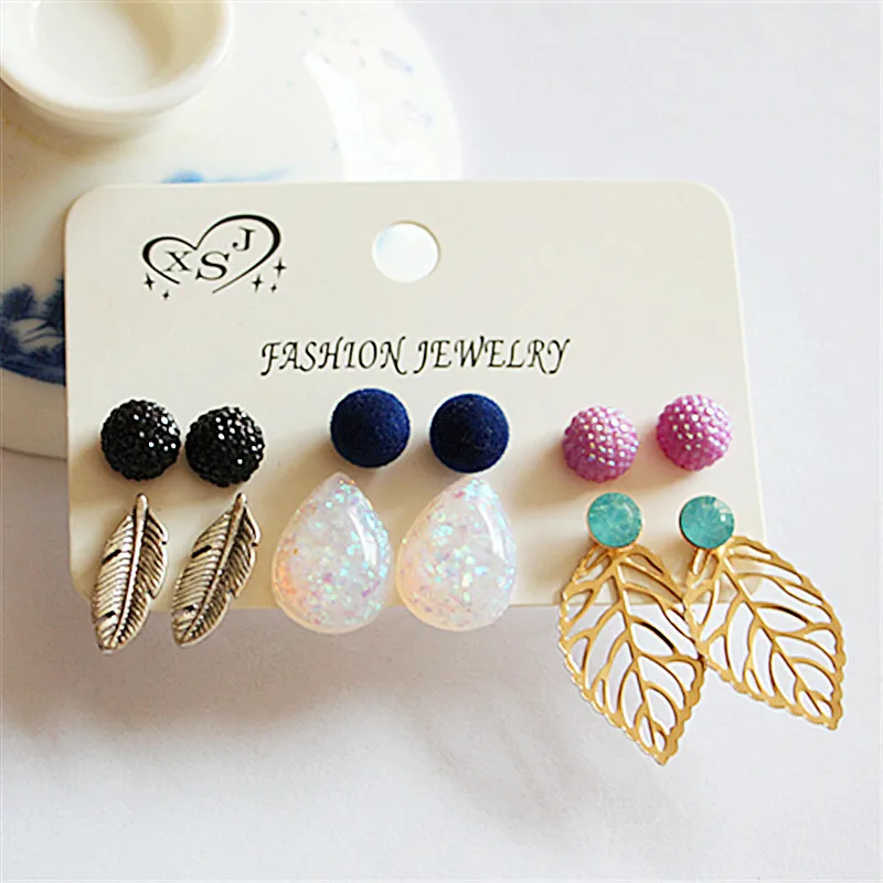 

New fashion women's jewelry wholesale girls birthday party pink/black ear studs set mashup 6 pairs /set earrings Free shipping