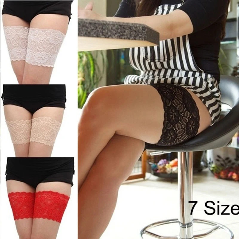 

Sexy Lace Women's Thigh bands Anti friction Summer Leg Warmers with two rows of None slip silicone Black Socks Drop shipping