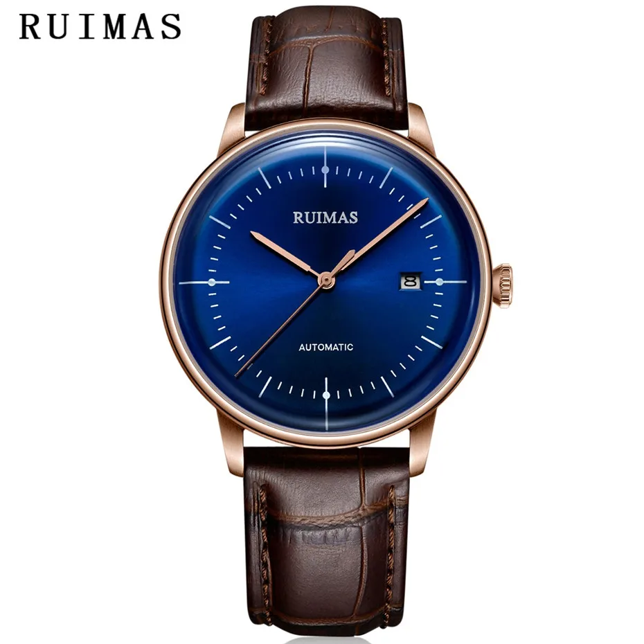 

Men Simple Fashion Leather Watch Business Mechanical Watches Male Blue Clock Wristwatches RUIMAS Montre Homme with MIYOTA 8215
