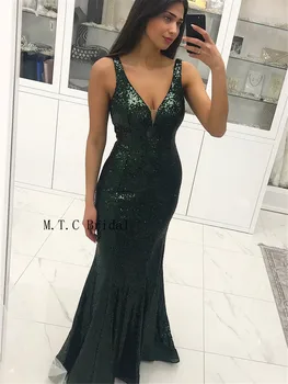 

Elegant Black Mermaid Long Evening Dress Backless V Neck Floor Length Bling Sequins Prom Gowns Custom Made 2019 Party Dresses