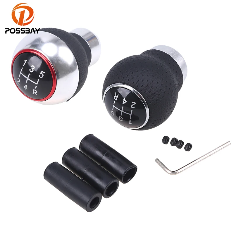 POSSBAY Black Leather Gear Knob Universal 5 Speed Manual Gear Shift