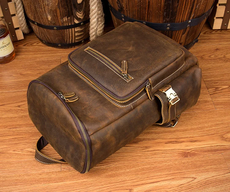 Винтажный Мужской модный рюкзак с карманами Crazy Horse из натуральной кожи, двойная сумка на плечо, большой дорожный рюкзак, сумка-портфель
