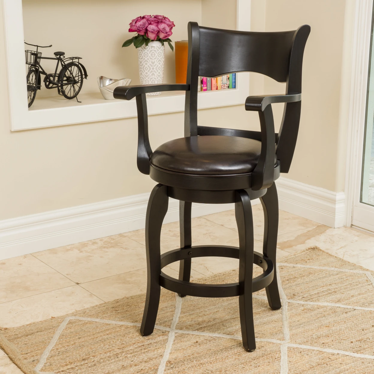 Cody 25-Inch Armed Espresso Leather Swivel Counter Stool