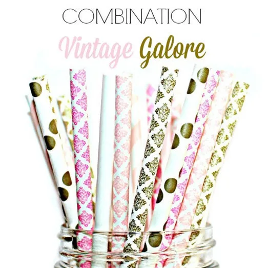 150pcs Mixed Colors VINTAGE GALORE Party Paper Straws Pink and Gold Damask Plain White Polka Dot Baby Stripe Shower | Дом и сад