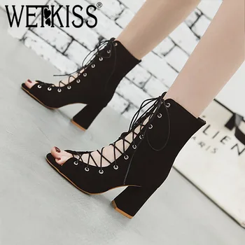 

WETKISS Flock Ankle Boots Women Peep Toe Footwear Fashion Cross Tied Boots Female Thick High Heels Shoes Woman Spring 2019 New