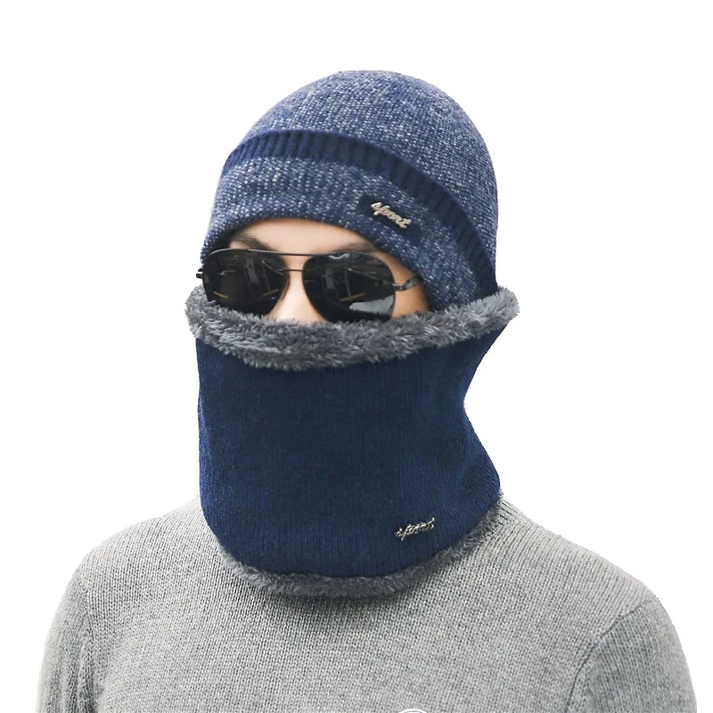 New Fashion Autumn Winter Men Skullies Caps Knitted Hat Scarf Men Plus