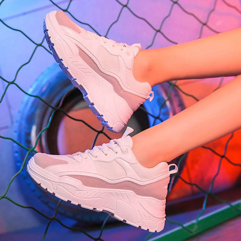 Уличная прогулочная обувь; спортивная женская обувь; женская спортивная обувь из дышащего сетчатого материала; кроссовки на платформе со шнуровкой; спортивная обувь; Chaussure Femme