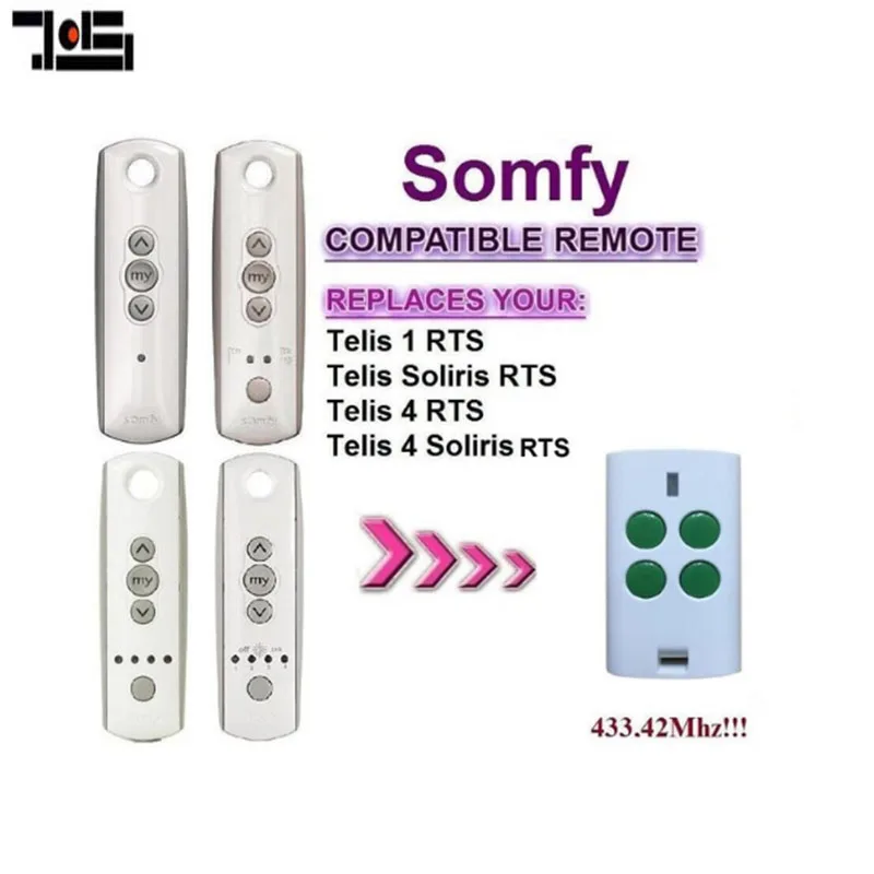 

For Somfy Telis 4 RTS, Somfy Telis 4 Soliris RTS compatible garage door remote control 433,42Mhz