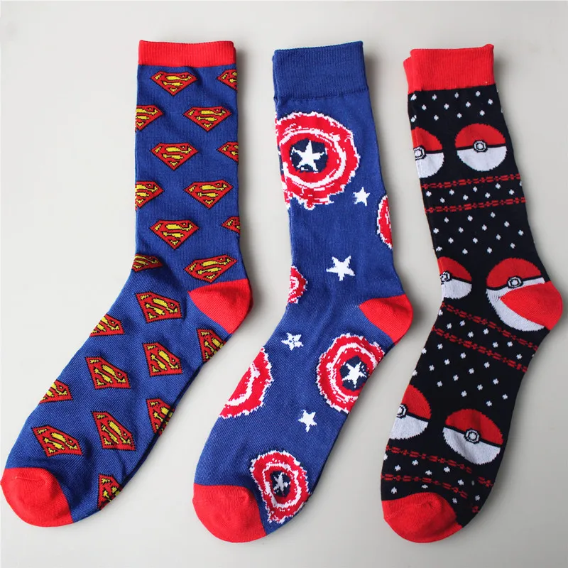 Новые весенние коттоновые носки личности мужчины Капитан Америка Супермен Poke ball мужские носки с принтом Happy уличная Meias мужской Носки для