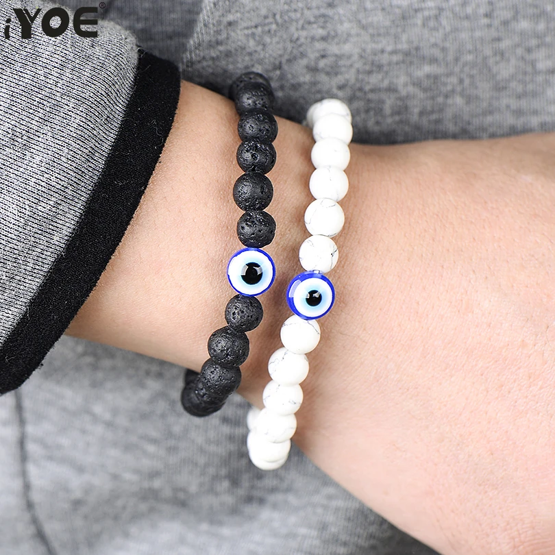 

iYOE Natural Stone Beads Strand Bracelet Couple Jewelry Trendy Black White Stone Evil Eye Beaded Bracelets For Women Men Gift