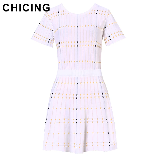 CHICING High Street Knitted Two Pieces Set Square Pattern Striped T-Shirt And Mini Skirt 2018 Ladies Sexy Set Saias A1706027