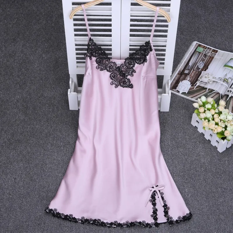Lace Nightgown Female Sexy Woman Night Sleepwear Plus Size Sling Nightdress Summer Satin Night Gowns Ladies V-neck Nightwear 49 (5)