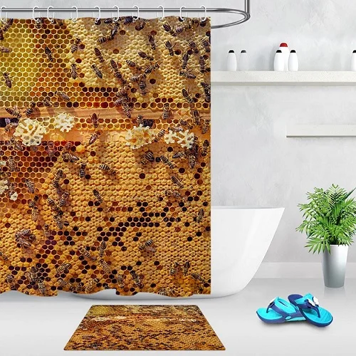 Пчелы делают мед в золотом улье продукт для ванной комнаты полиэстер водонепроницаемая ткань занавеска для душа Нескользящая Ванна и коврик для пола - Цвет: Curtain and Mat