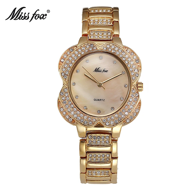 MissFox цветок модные женские часы золотые амулеты Алмаз кварцевые браслет Relogio Feminino
