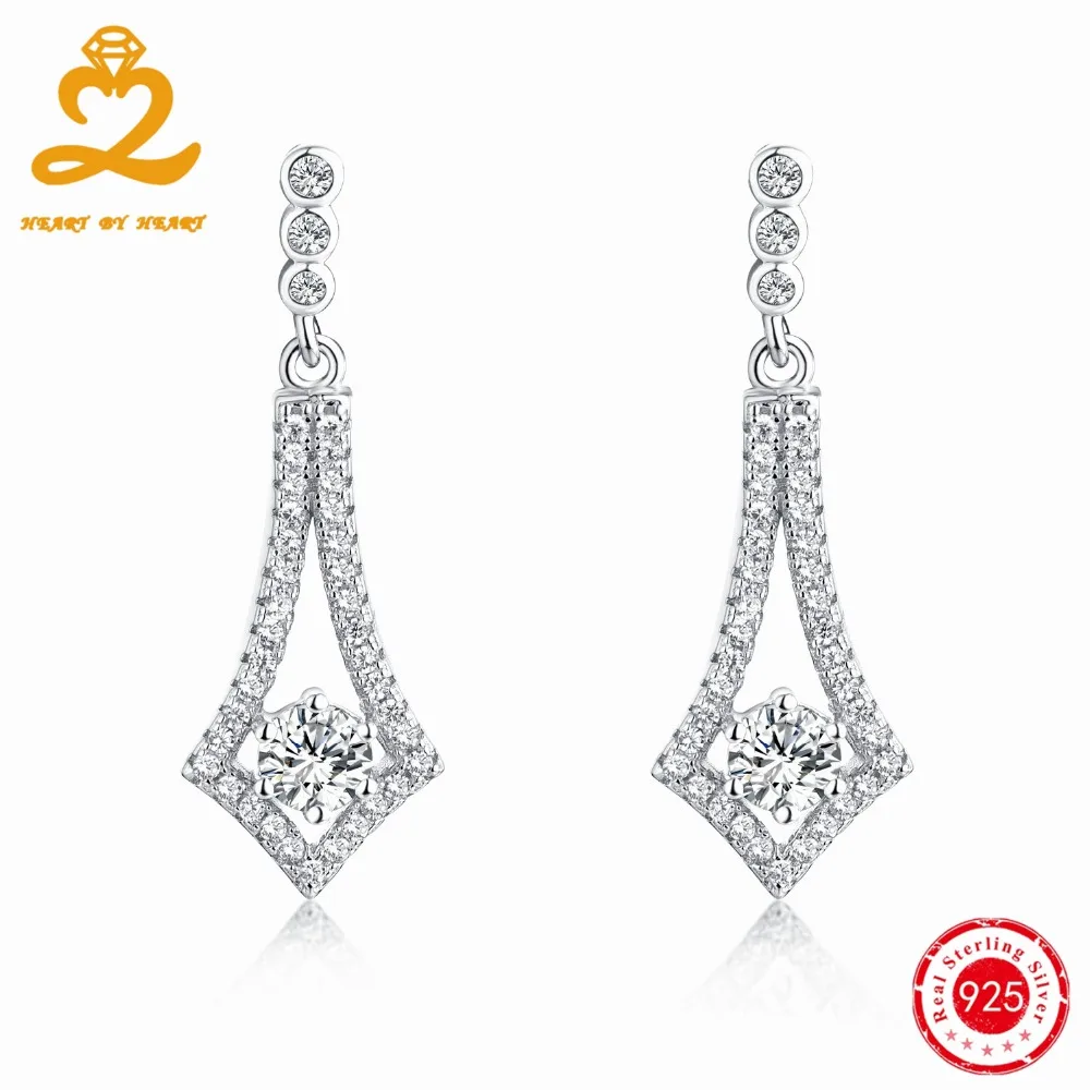 Сердце Кристалл Серебряные длинные Серьги падение Стиль Jewelry 4 мм Pure White Gold Дамы