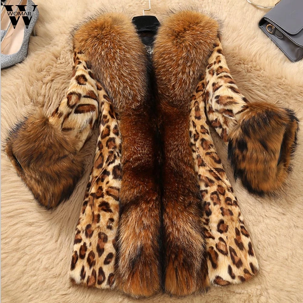 Womail Элегантное зимнее пальто из искусственного меха для женщин теплое тонкое пальто с воротником из искусственного меха енота классическое леопардовое длинное пальто