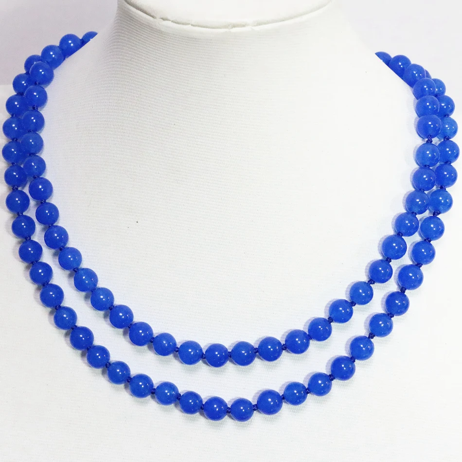 High grade blue semi precious natural stone jades chalcedony long chain