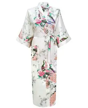 

White Chinese Female Sexy V-neck Bathrobe Rayon Silk Sleepwear Long Robes Floral Plus Size S To XXXL